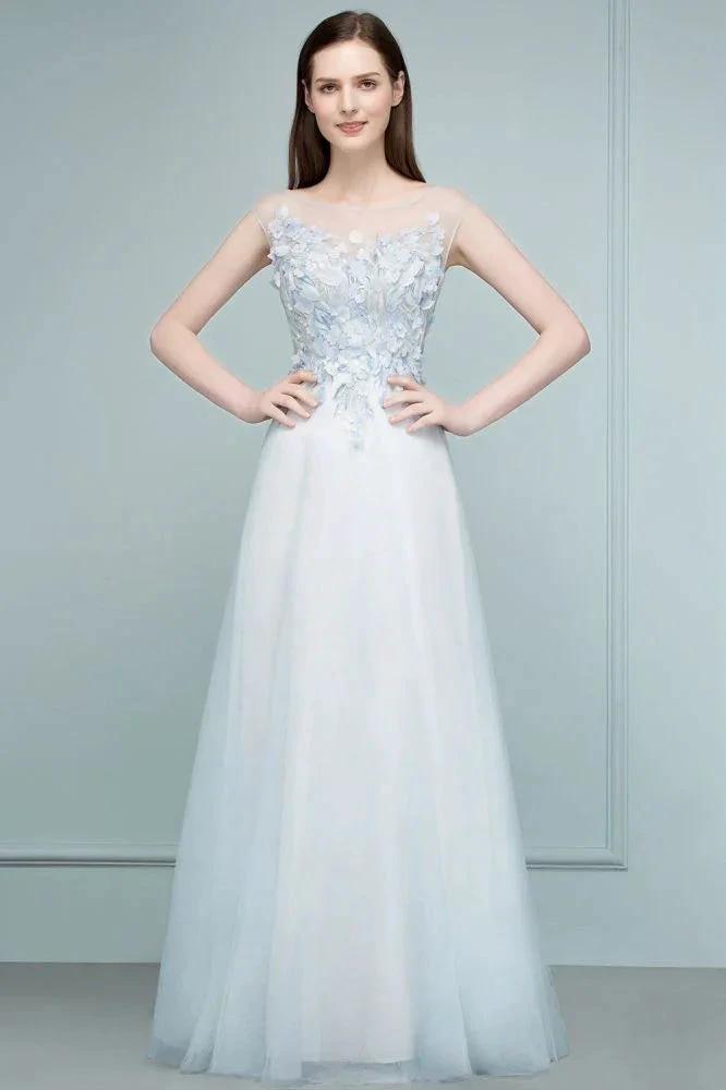 Floor Length A-line Sleeveless Appliqued Flowers Tulle Prom Dresses by misshow.com