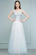 Floor Length A-line Sleeveless Appliqued Flowers Tulle Prom Dresses by misshow.com