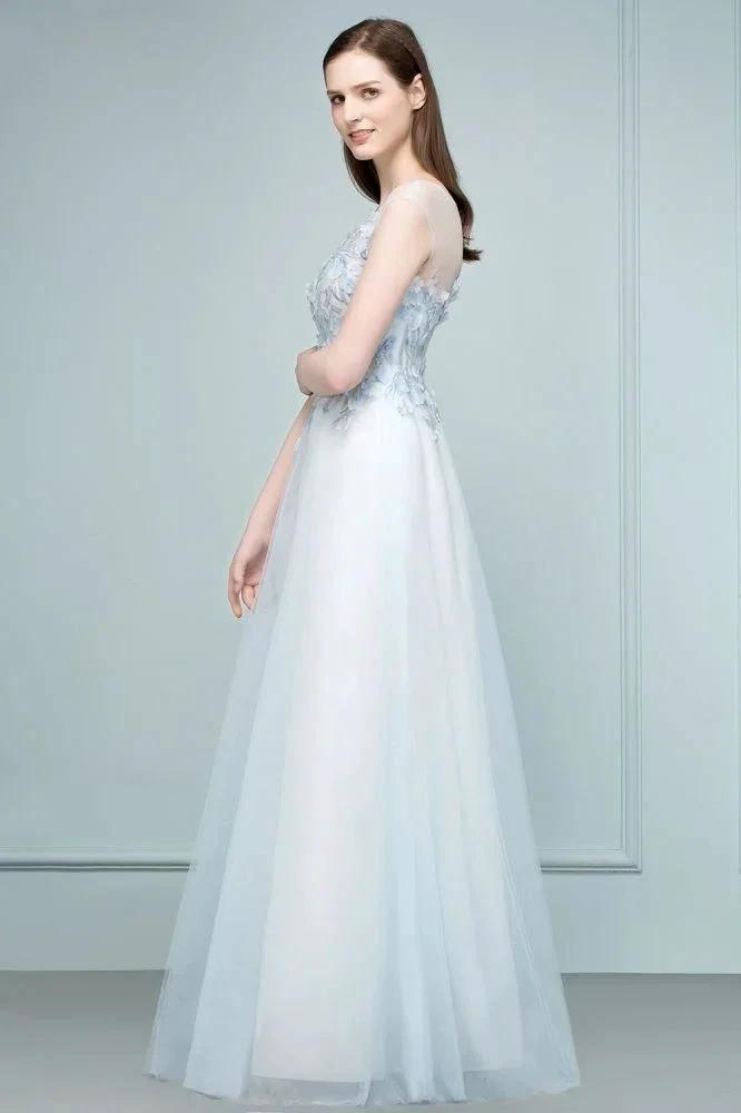 Floor Length A-line Sleeveless Appliqued Flowers Tulle Prom Dresses by misshow.com