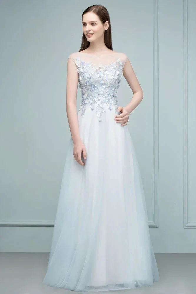 Floor Length A-line Sleeveless Appliqued Flowers Tulle Prom Dresses by misshow.com