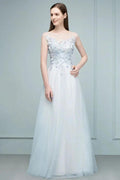 Floor Length A-line Sleeveless Appliqued Flowers Tulle Prom Dresses by misshow.com