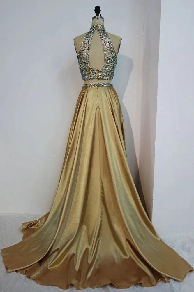 Floor Length A-line Two-piece Halter Prom Dresses with Crystals by misshow.com