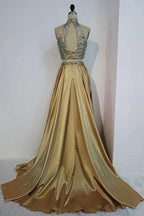 Floor Length A-line Two-piece Halter Prom Dresses with Crystals by misshow.com