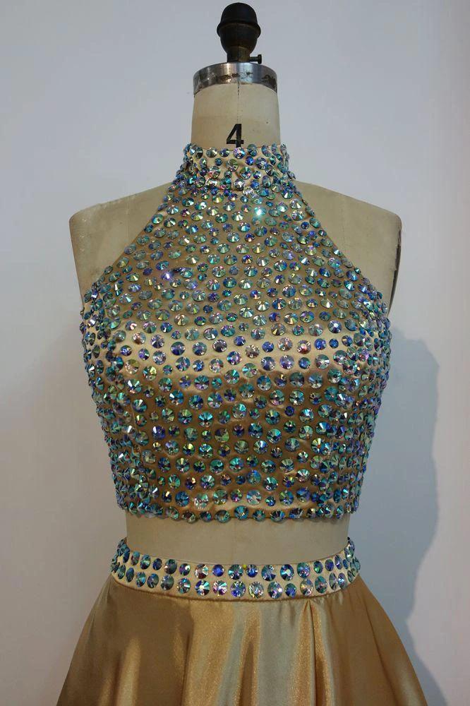 Floor Length A-line Two-piece Halter Prom Dresses with Crystals by misshow.com