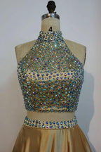Floor Length A-line Two-piece Halter Prom Dresses with Crystals by misshow.com