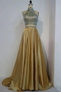 Floor Length A-line Two-piece Halter Prom Dresses with Crystals by misshow.com