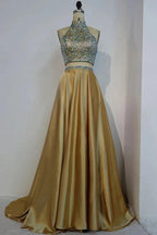 Floor Length A-line Two-piece Halter Prom Dresses with Crystals by misshow.com