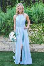 Floor-Length High Split Blue Chiffon Sleeveless Bridesmaid Dress BD038 by pgmdress