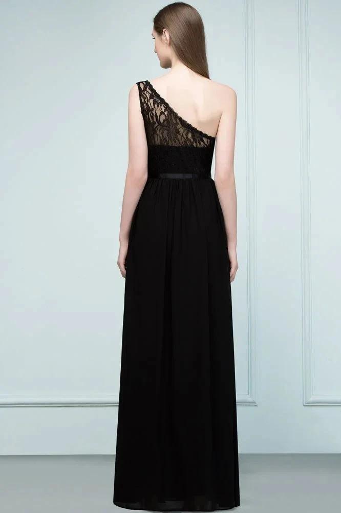 Floor Length Lace Chiffon A-line One-shoulder Bridesmaid Dresses with Sash by misshow.com