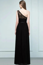 Floor Length Lace Chiffon A-line One-shoulder Bridesmaid Dresses with Sash by misshow.com