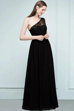 Floor Length Lace Chiffon A-line One-shoulder Bridesmaid Dresses with Sash by misshow.com