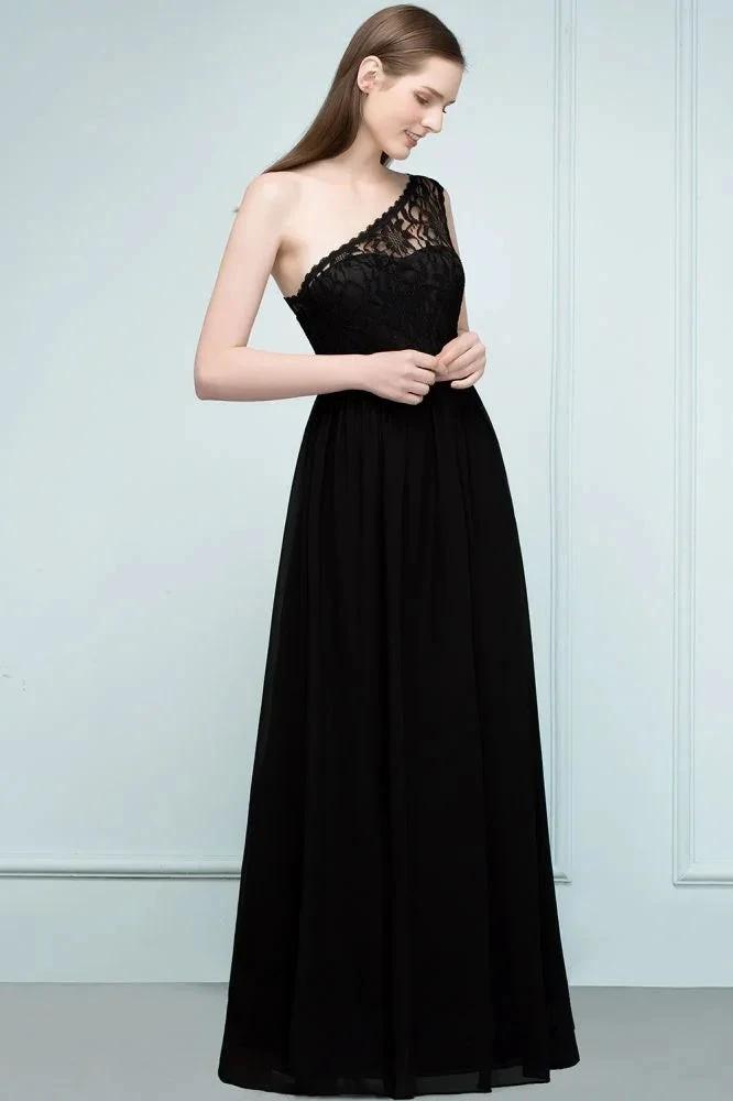 Floor Length Lace Chiffon A-line One-shoulder Bridesmaid Dresses with Sash by misshow.com