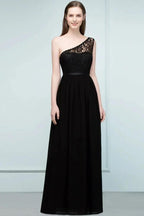 Floor Length Lace Chiffon A-line One-shoulder Bridesmaid Dresses with Sash by misshow.com
