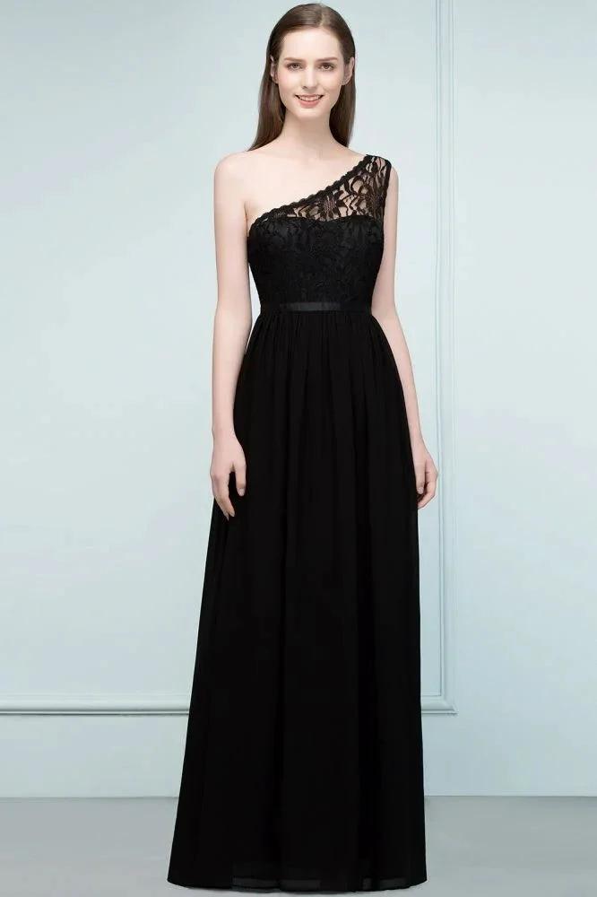 Floor Length Lace Chiffon A-line One-shoulder Bridesmaid Dresses with Sash by misshow.com