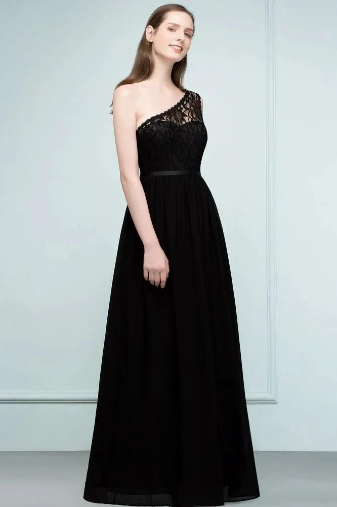 Floor Length Lace Chiffon A-line One-shoulder Bridesmaid Dresses with Sash by misshow.com
