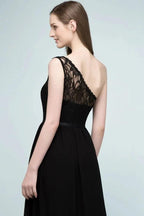 Floor Length Lace Chiffon A-line One-shoulder Bridesmaid Dresses with Sash by misshow.com