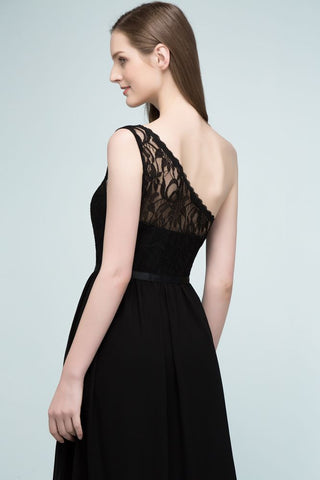Floor Length Lace Chiffon A-line One-shoulder Bridesmaid Dresses with Sash
