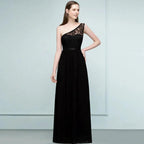 Floor Length Lace Chiffon A-line One-shoulder Bridesmaid Dresses with Sash by misshow.com