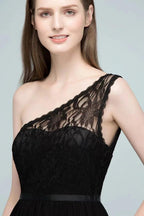 Floor Length Lace Chiffon A-line One-shoulder Bridesmaid Dresses with Sash by misshow.com