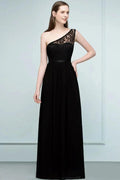 Floor Length Lace Chiffon A-line One-shoulder Bridesmaid Dresses with Sash by misshow.com