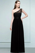 Floor Length Lace Chiffon A-line One-shoulder Bridesmaid Dresses with Sash by misshow.com
