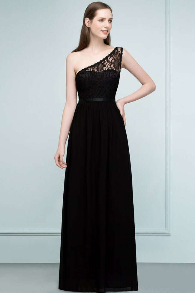 Floor Length Lace Chiffon A-line One-shoulder Bridesmaid Dresses with Sash Hover Image