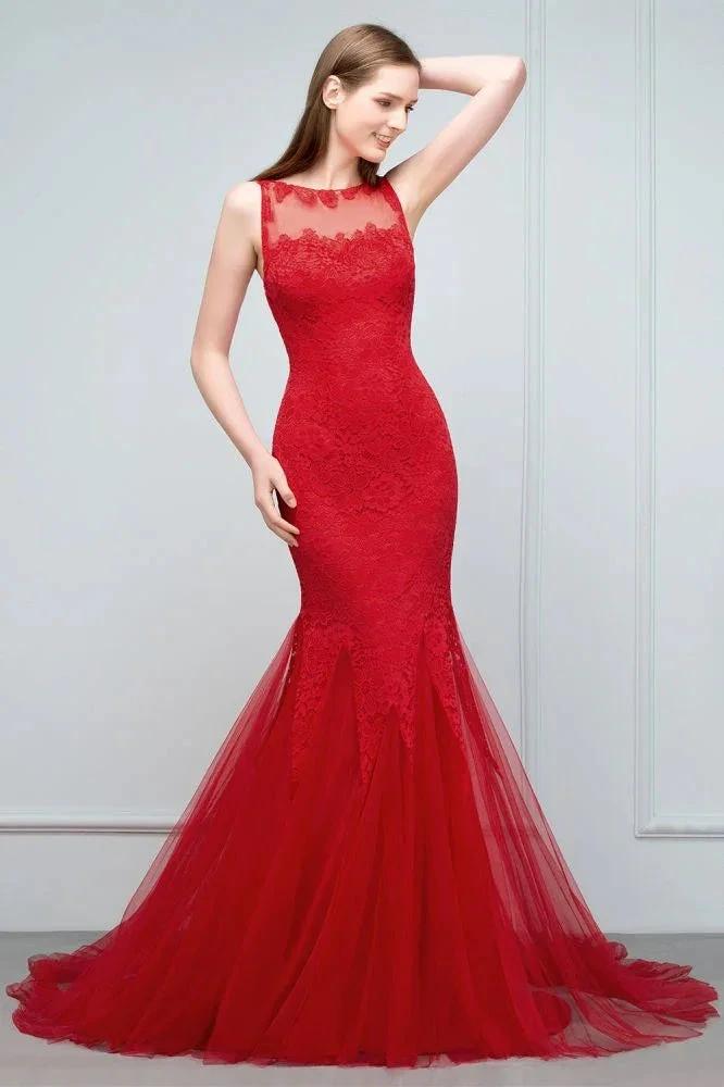 Floor Length Mermaid Illusion Neckline Sleeveless Tulle Lace Prom Dresses by misshow.com