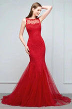 Floor Length Mermaid Illusion Neckline Sleeveless Tulle Lace Prom Dresses by misshow.com