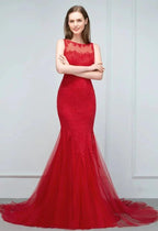 Floor Length Mermaid Illusion Neckline Sleeveless Tulle Lace Prom Dresses by misshow.com