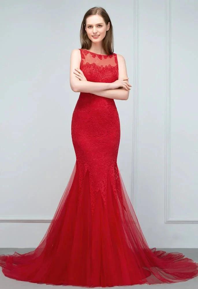 Floor Length Mermaid Illusion Neckline Sleeveless Tulle Lace Prom Dresses by misshow.com