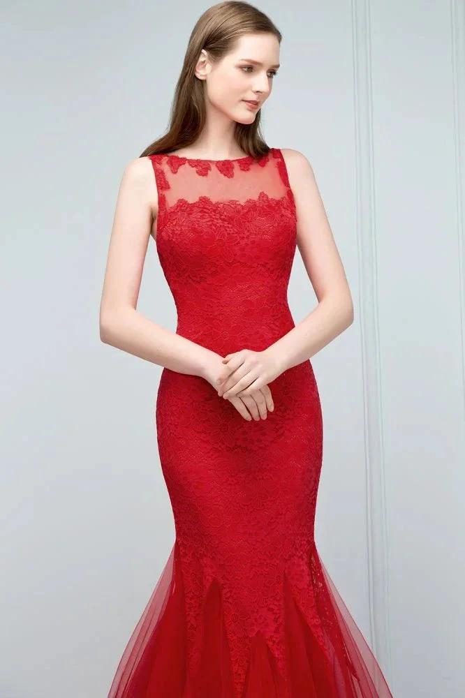 Floor Length Mermaid Illusion Neckline Sleeveless Tulle Lace Prom Dresses by misshow.com