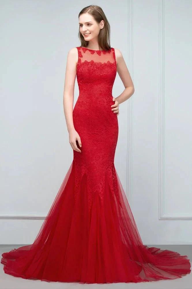 Floor Length Mermaid Illusion Neckline Sleeveless Tulle Lace Prom Dresses by misshow.com