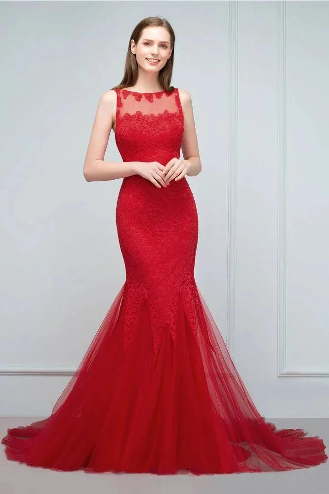 Floor Length Mermaid Illusion Neckline Sleeveless Tulle Lace Prom Dresses by misshow.com