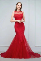 Floor Length Mermaid Illusion Neckline Sleeveless Tulle Lace Prom Dresses by misshow.com
