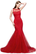 Floor Length Mermaid Illusion Neckline Sleeveless Tulle Lace Prom Dresses by misshow.com