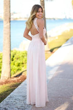 Floor-Length Open Back Pink Chiffon Bridesmaid Dress with Lace BD031 by pgmdress