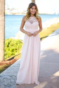 Floor-Length Open Back Pink Chiffon Bridesmaid Dress with Lace BD031 by pgmdress