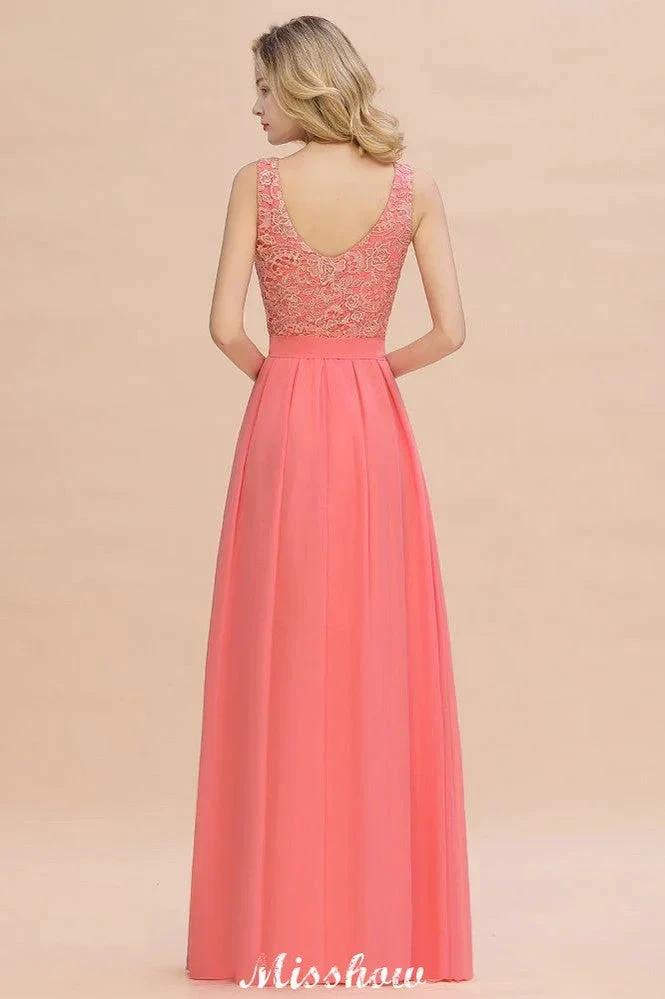 Floral Lace A-line Simple Wedding Dress Sleeveless Maxi Bridesmaid Dress by misshow.com