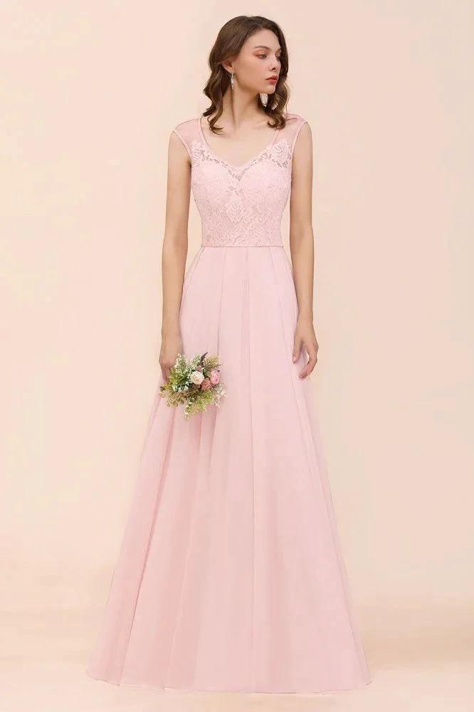 Floral Lace Bridesmaid Dress Pink A-line Wedding Party Dress by misshow.com