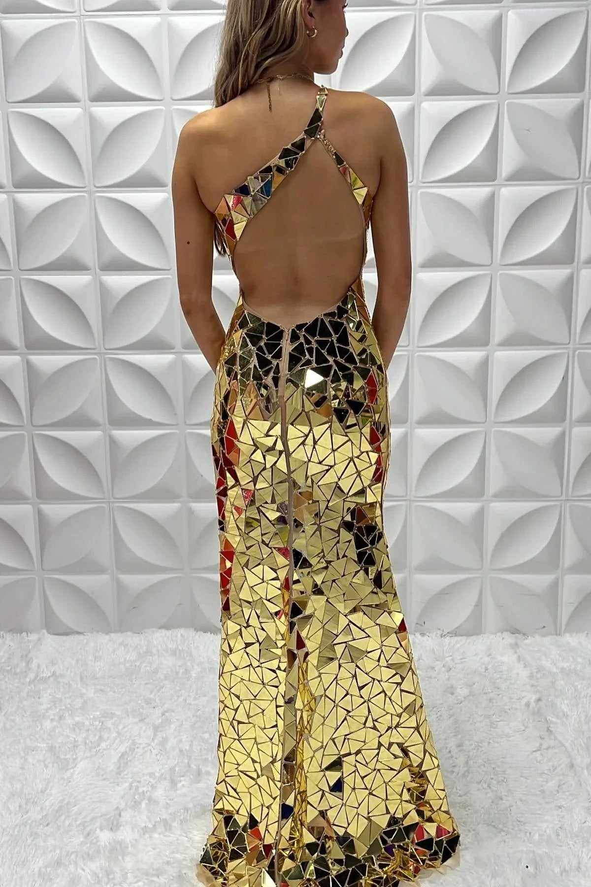 Flovencia | Gold Cut Glass Mirror One-Shoulder Long Prom Dress with Tassels by KissProm