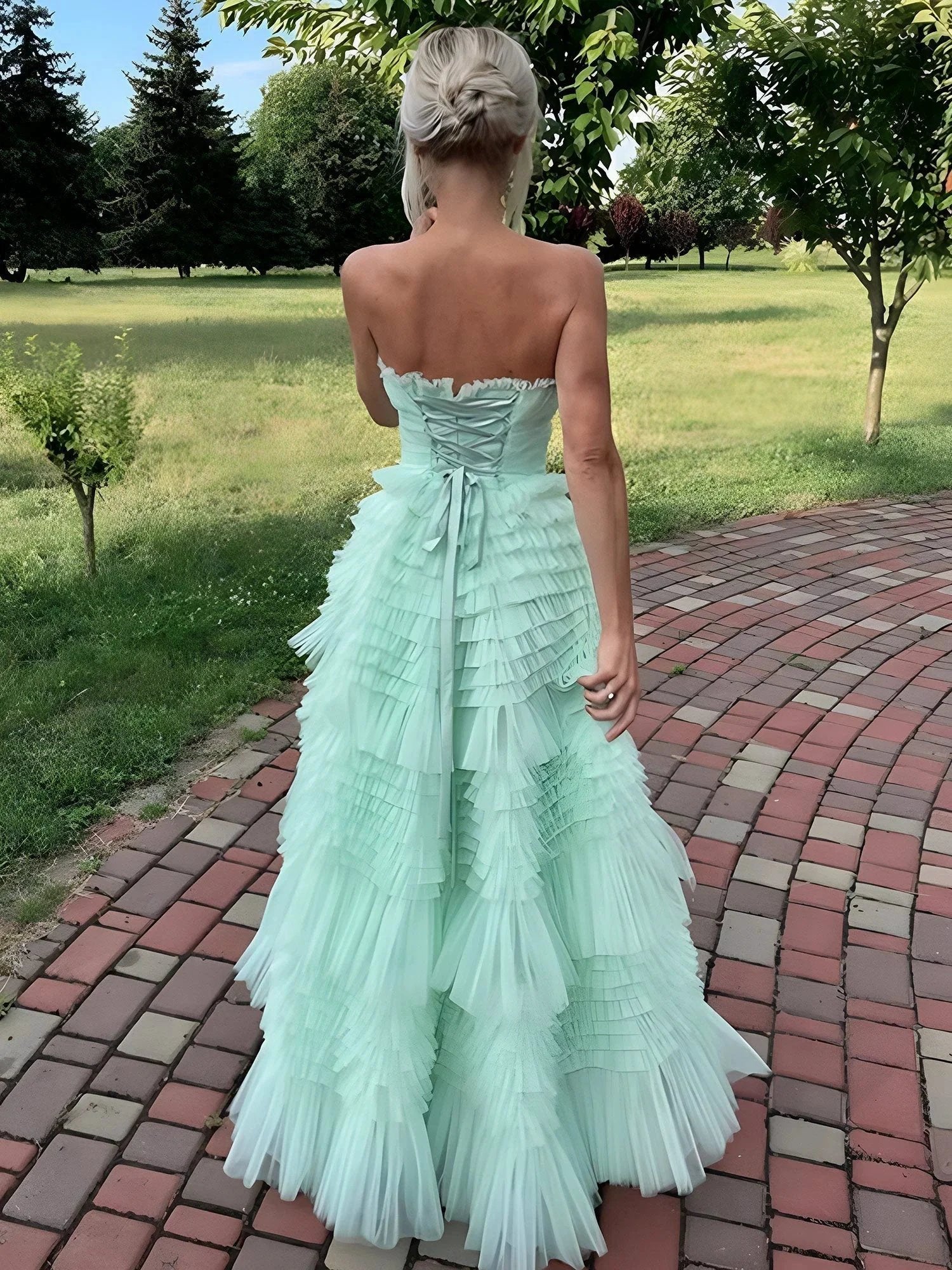 Flovencia| Mint Green Strapless Tulle Tiered Ruffles High-low Prom Dress by KissProm