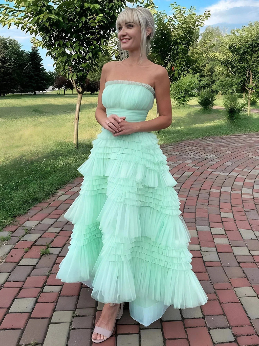 Flovencia| Mint Green Strapless Tulle Tiered Ruffles High-low Prom Dress by KissProm