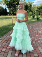 Flovencia| Mint Green Strapless Tulle Tiered Ruffles High-low Prom Dress by KissProm