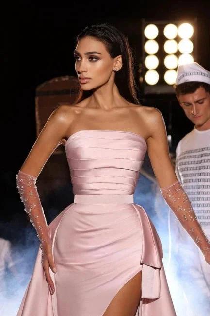 Flushing Pink Sweetheart Front Slit A-Line Satin Prom Dress with Sheen by misshow.com