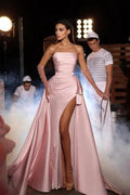 Flushing Pink Sweetheart Front Slit A-Line Satin Prom Dress with Sheen by misshow.com