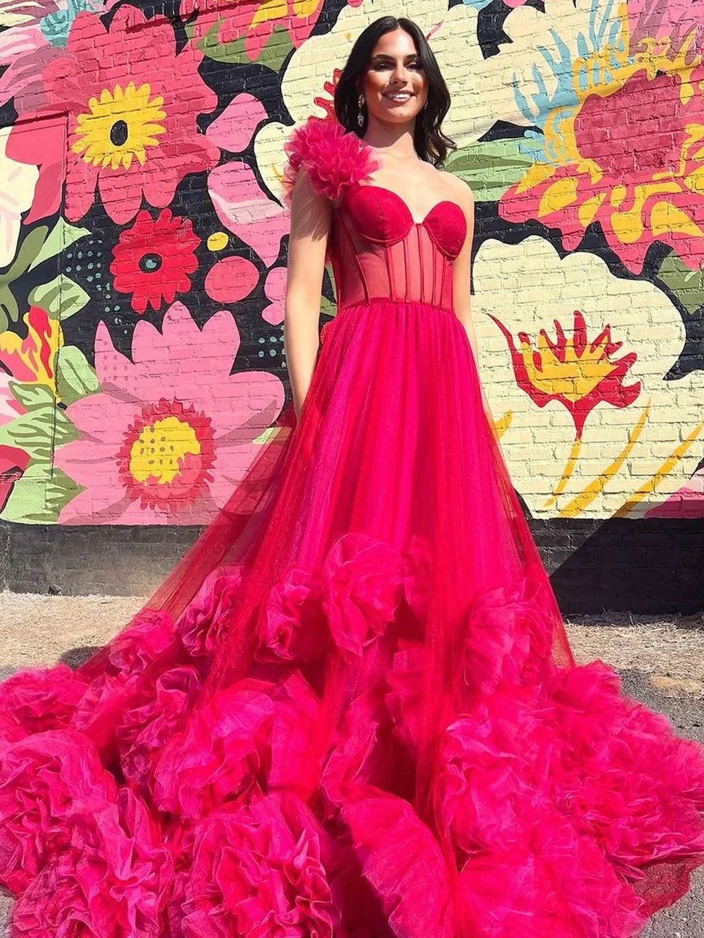 Fran | Hot Pink Ball Gown One-Shoulder Tulle Prom Dresses by KissProm