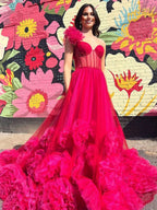 Fran | Hot Pink Ball Gown One-Shoulder Tulle Prom Dresses by KissProm
