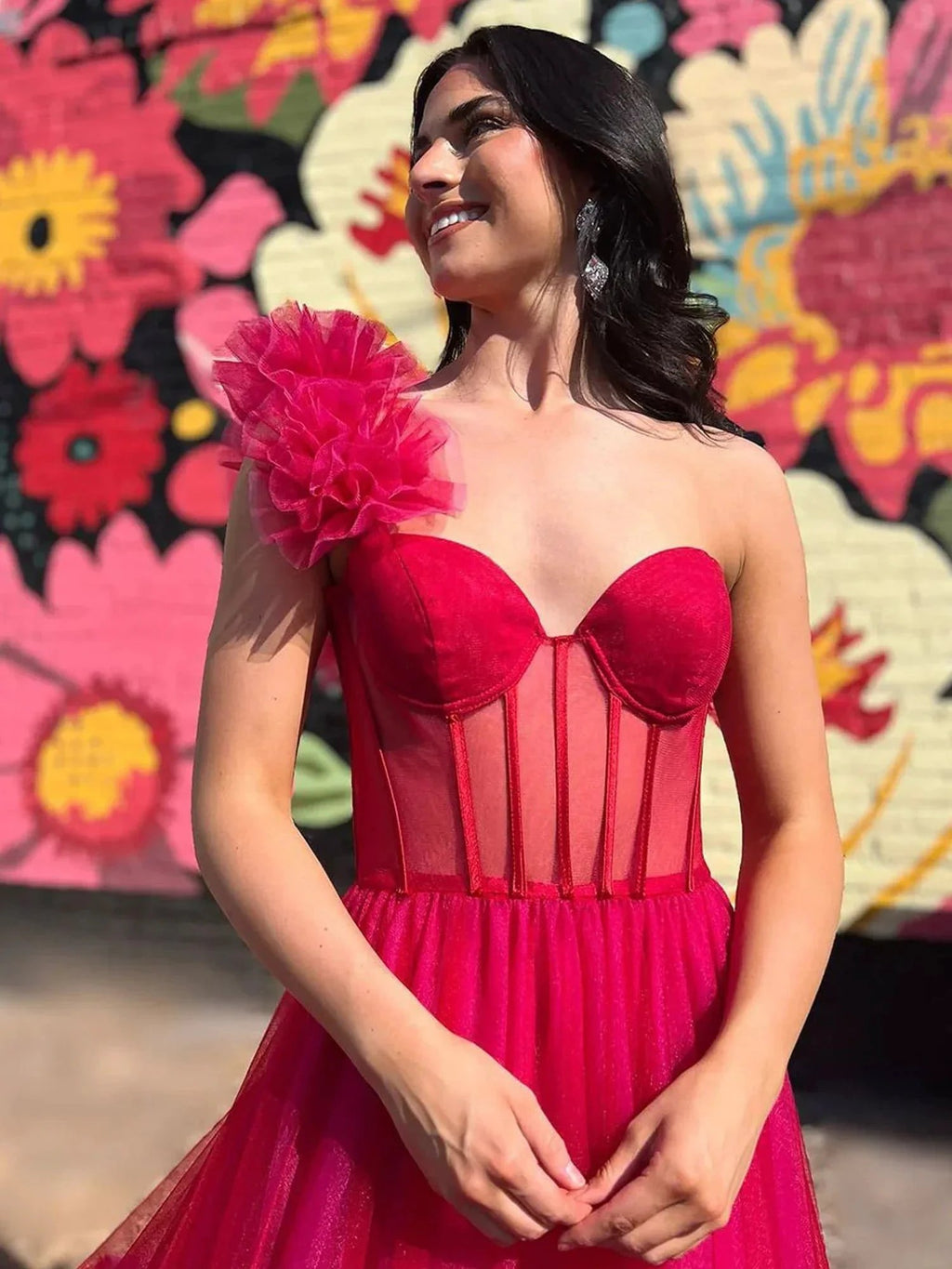 Fran | Hot Pink Ball Gown One-Shoulder Tulle Prom Dresses by KissProm