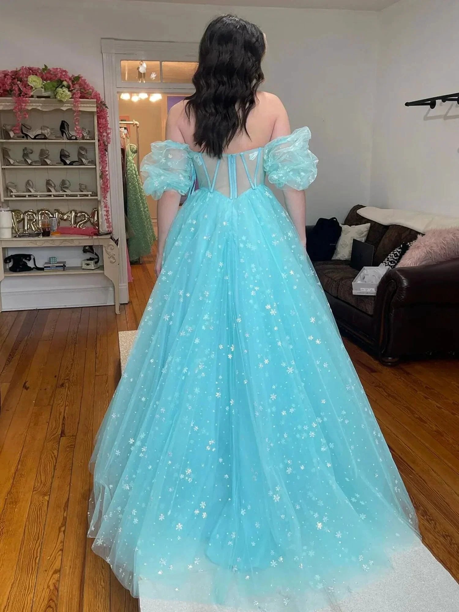 Francis | Aqua Blue Strapless A Line Tulle Starry Long Prom Dress by KissProm