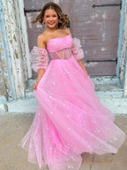 Francis | Aqua Blue Strapless A Line Tulle Starry Long Prom Dress by KissProm